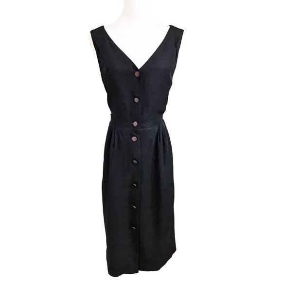 JEAN-CLAUDE POITRAS 100% SILK BLACK SLEEVELESS BUTTON FRONT BELTED MIDI DRESS - Picture 4 of 10